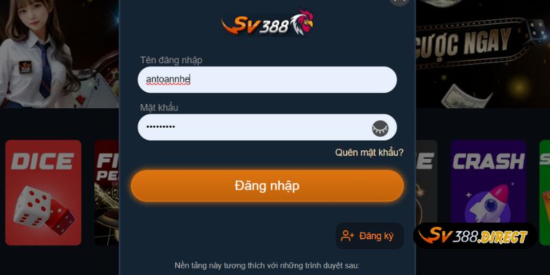 Đăng Nhập 1 Form đăng nhập mà cược thủ cần điền