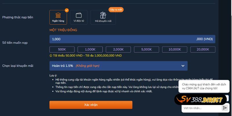 Nạp Tiền 1 Giao diện chuyển tiền qua ngân hàng nhà cái
