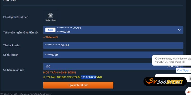 Rút Tiền 3 Màn hình giao dịch rút thưởng từ SV388